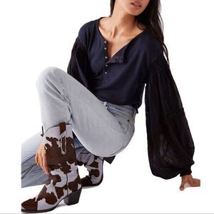 Free People Light Magic Henley Top Blouse Deep Navy XS
